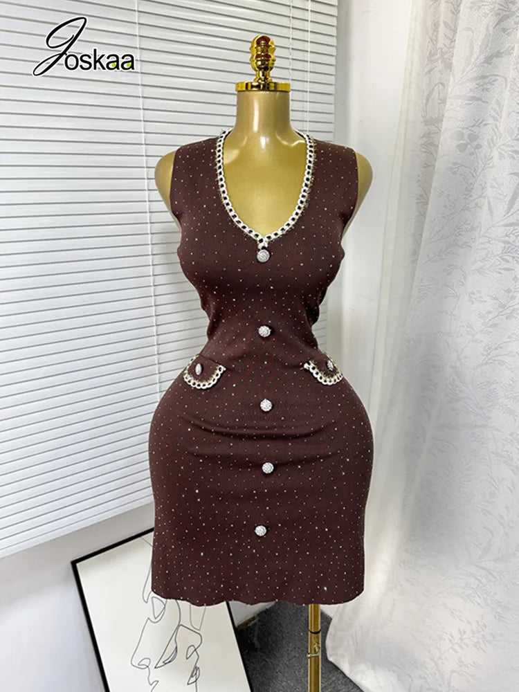 Women's Rhinestone Knit Sleeveless Mini Dress Coffee – Front View