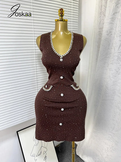 Women's Rhinestone Knit Sleeveless Mini Dress Coffee – Front View