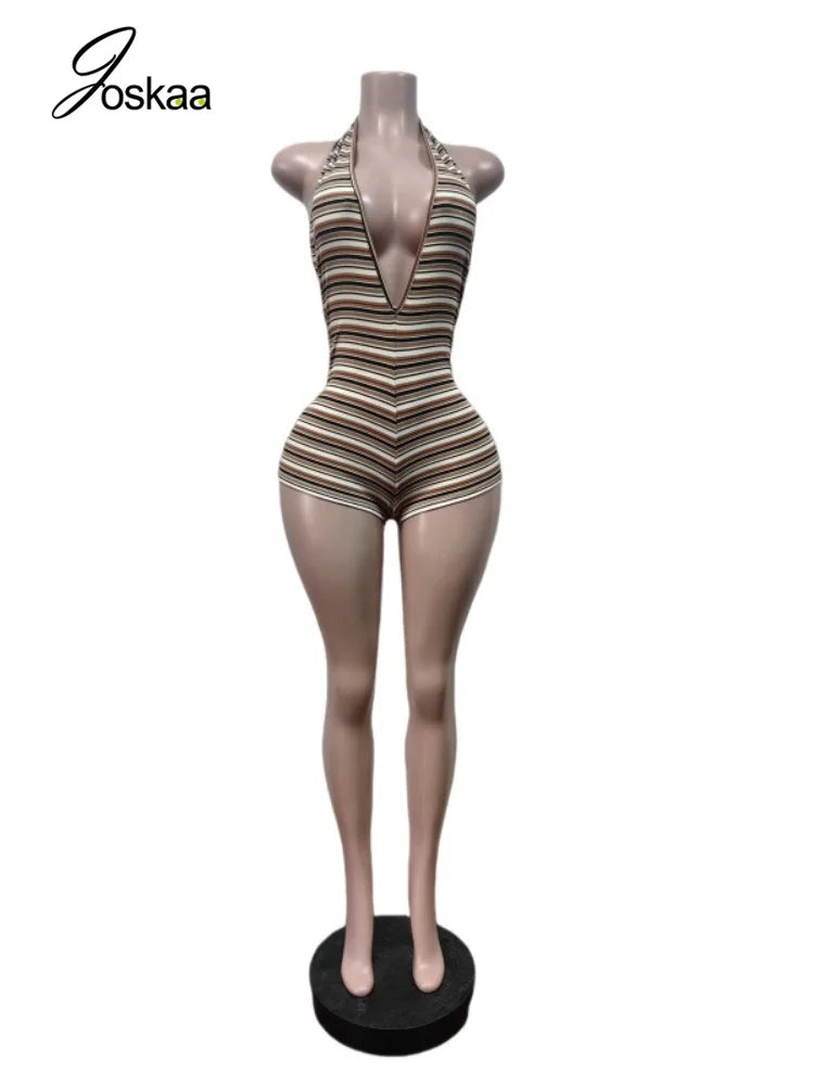 Women's Stripe Backless Halter Sleeveless Romper Wine Red – Detail View