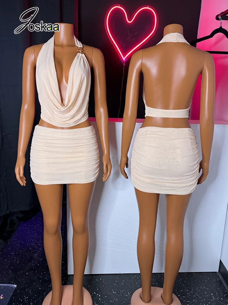 Women's Mesh Ruched Backless Two Piece Set White – Front View
