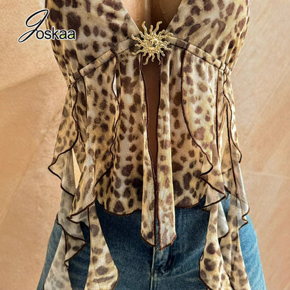 Women's Mesh Backless V-neck Halter Top Print Bandage Tank - Model Wearing Style