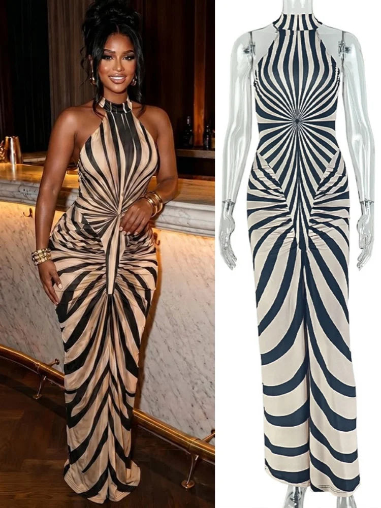 Women's Striped Ruched Sleeveless Bodycon Maxi Dress - Additional View 8