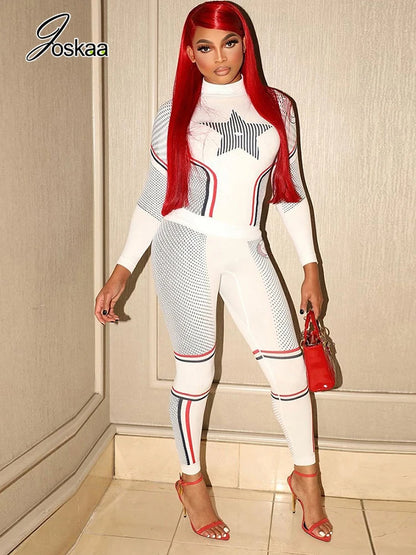 Women's Long Sleeve Stars Sporty Two Piece Set White – Front View