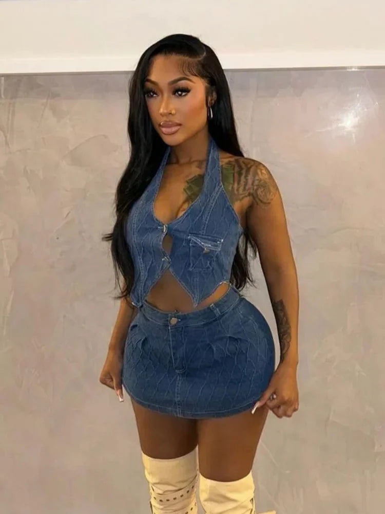 Women's Denim Halter Stretch Irregular Tank Two Piece Set – Women's Fashion Wholesale – Front View