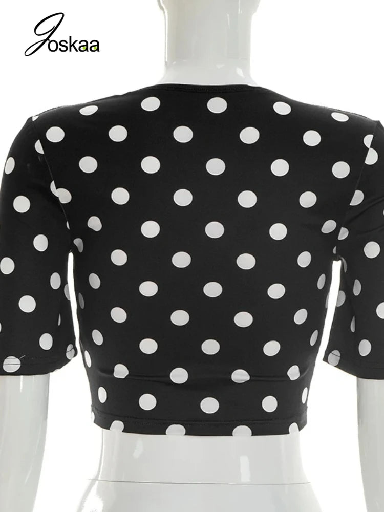 Women's Polka Dot Short Sleeve Black T-shirts Top Black – Detail View
