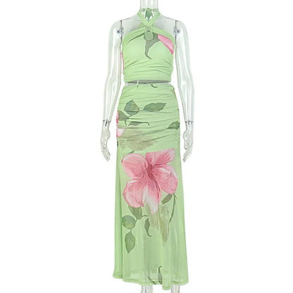 Women's Floral Print Mesh Ruched Two Piece Set