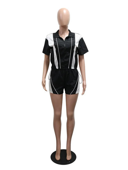Women's Short Sleeve Sporty Patchwork Top Two Piece Set