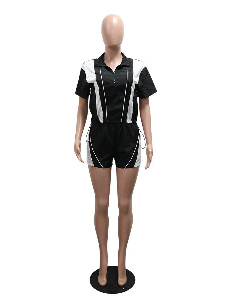 Women's Short Sleeve Sporty Patchwork Top Two Piece Set