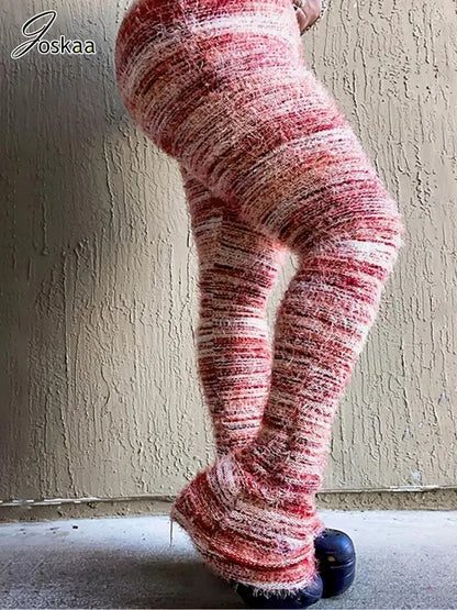 Wholesale Women's Stripe Knit Flare Ribbed Pants Pink – Front View