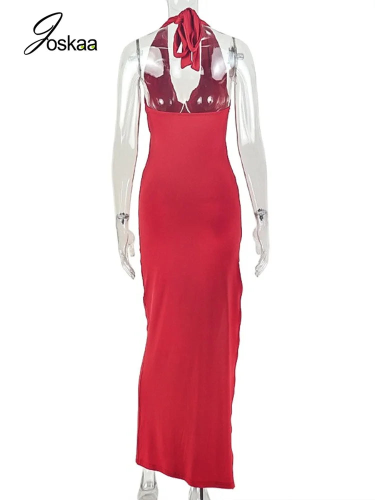 Women's Ruched Halter Bodycon Maxi Dress Red – Detail View