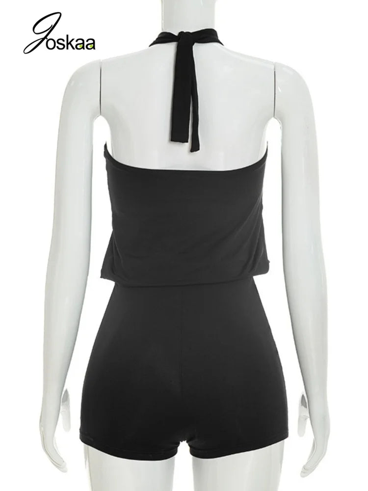Women's Backless Halter Sleeveless Romper Brown – Detail View