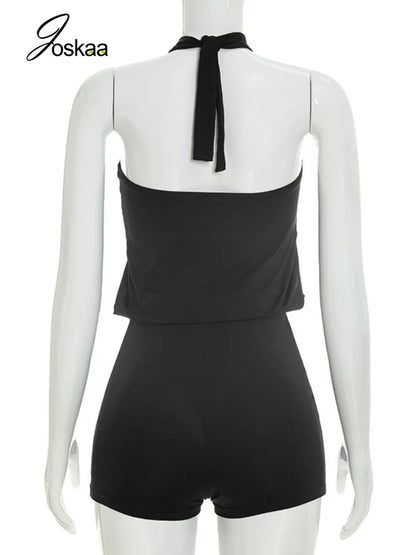 Women's Backless Halter Sleeveless Romper Brown – Detail View