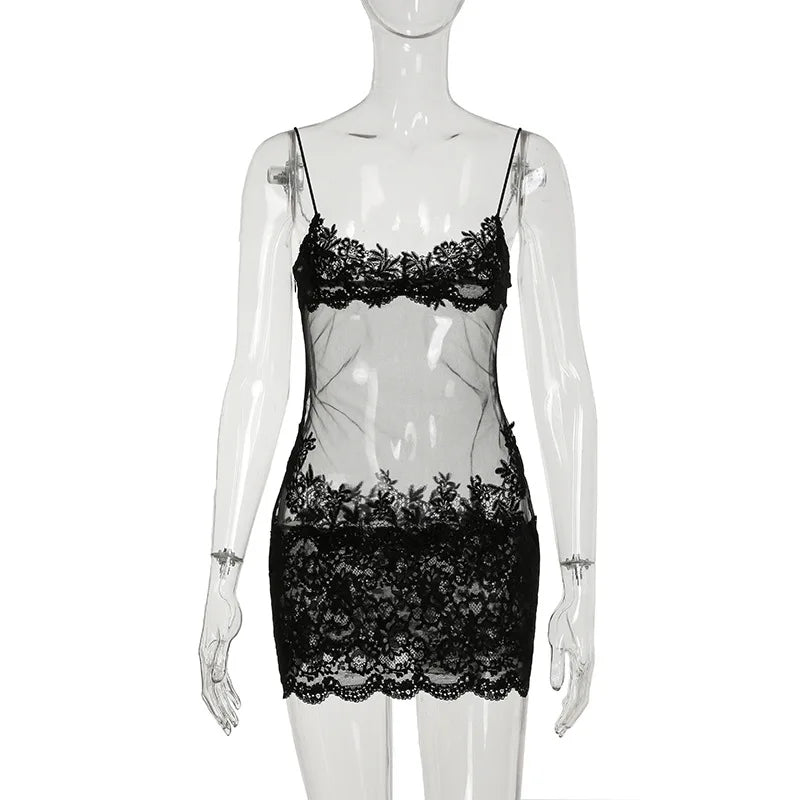 Women's Lace Mesh Bodycon Jacquard Patchwork Spaghetti Bikini Set