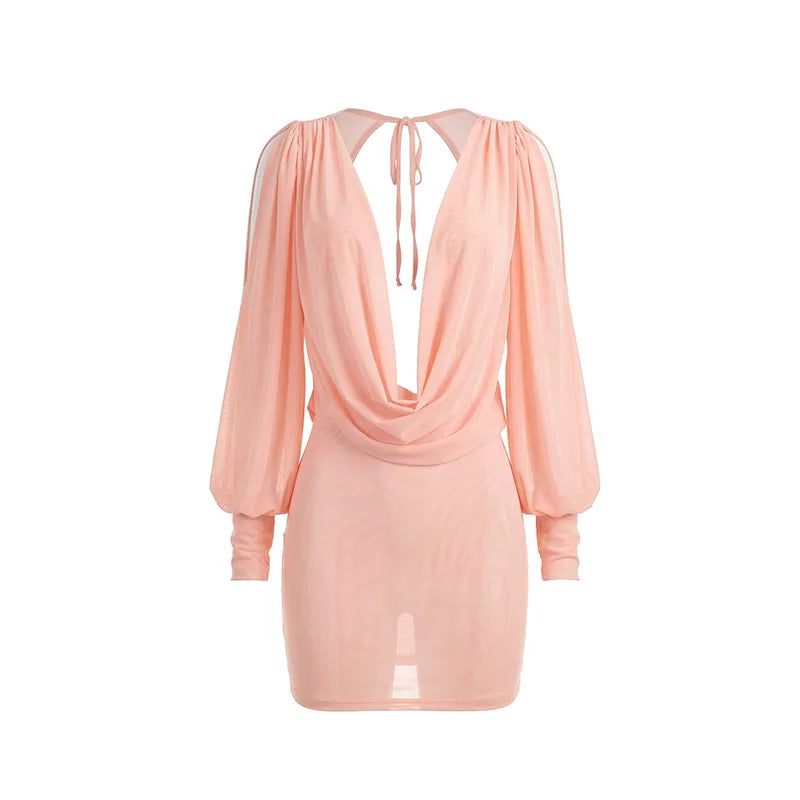 Women's Mesh Backless V-neck Long Sleeve Mini Dress - Additional View 7