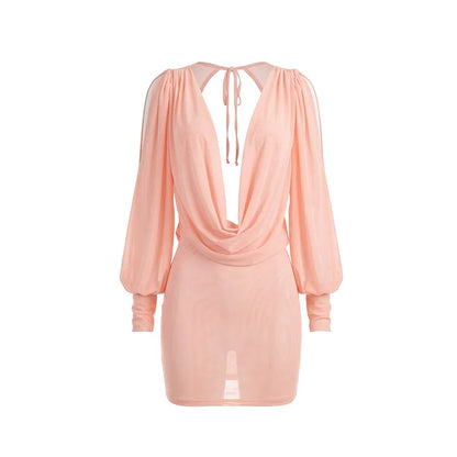Women's Mesh Backless V-neck Long Sleeve Mini Dress - Additional View 7