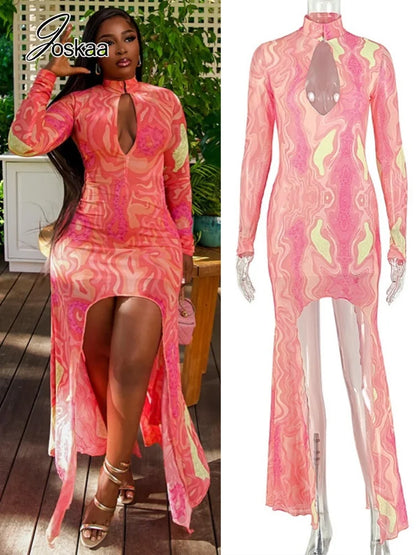 Women's Swirl Print Mesh Cutout Long Sleeve Maxi Dress - Women's Fashion Wholesale - Front View
