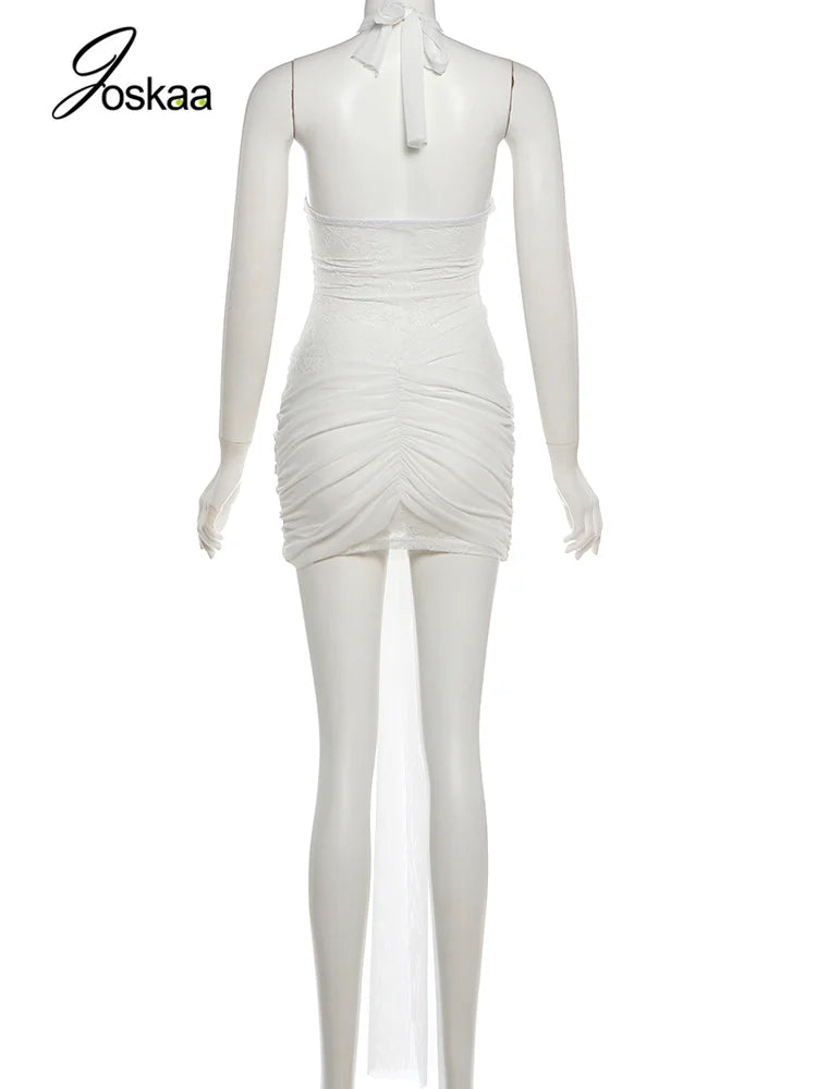 Women's Mesh Lace Ruched Backless Mini Dress - Detail View