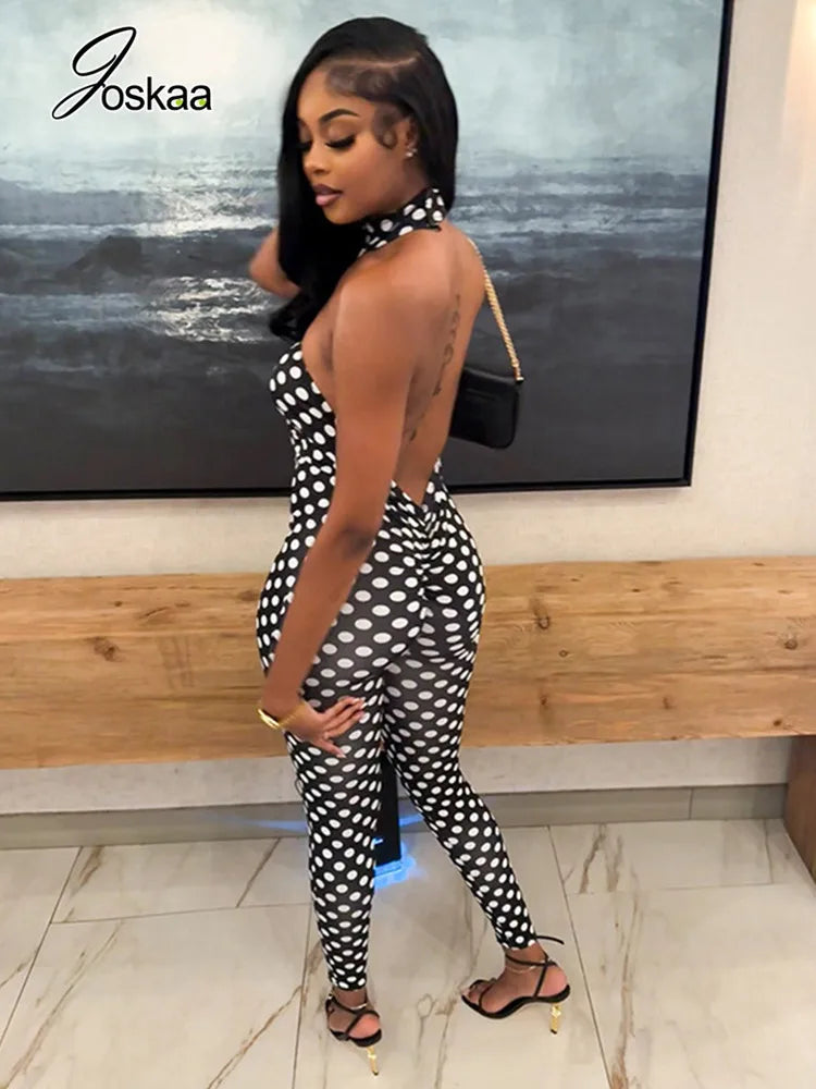 Women's Polka Dot Backless Cutout Romper Black – Front View