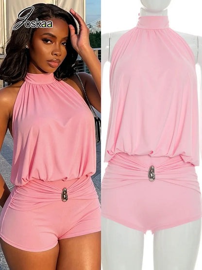 Women's Lace Ruched Backless Halter Romper – Women's Fashion Wholesale – Front View