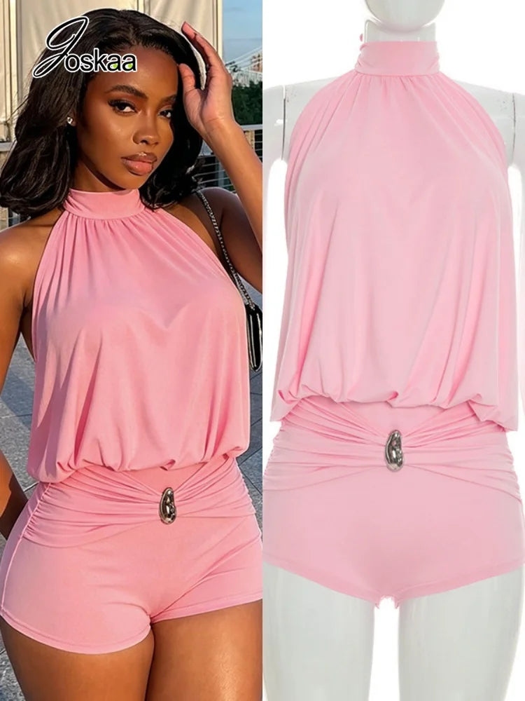 Women's Lace Ruched Backless Halter Romper – Women's Fashion Wholesale – Front View