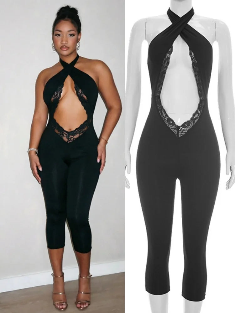 Women's Lace Backless Cutout Halter Romper - Additional View 8