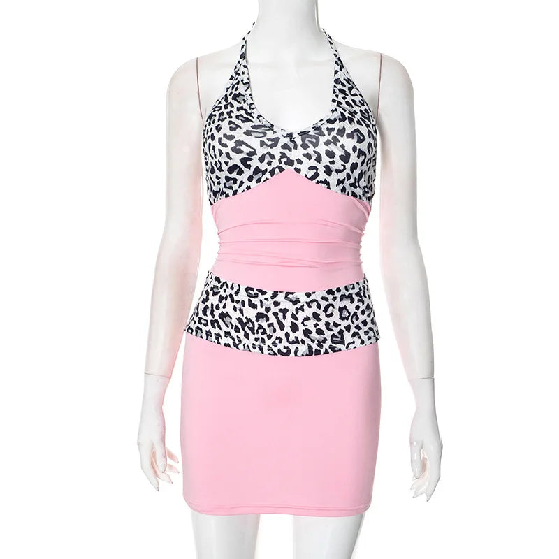 Women's Leopard Print Lace Ruched Mini Dress