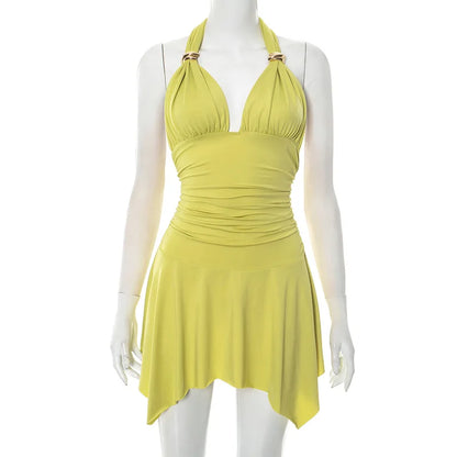 Women's Lace Ruched Backless Halter Mini Dress