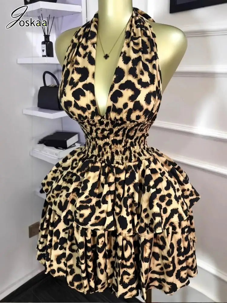 Women's Leopard Print Backless Halter Mini Dress – Women's Fashion Wholesale – Front View