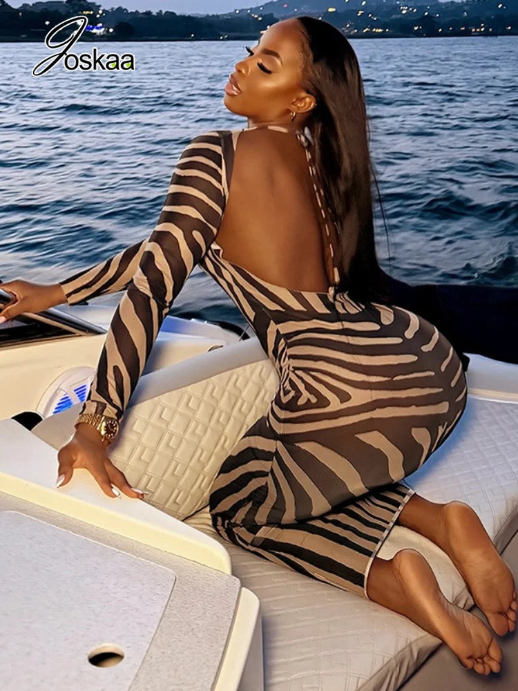 Women's Striped Backless Long Sleeve Bodycon Maxi Dress - Side View