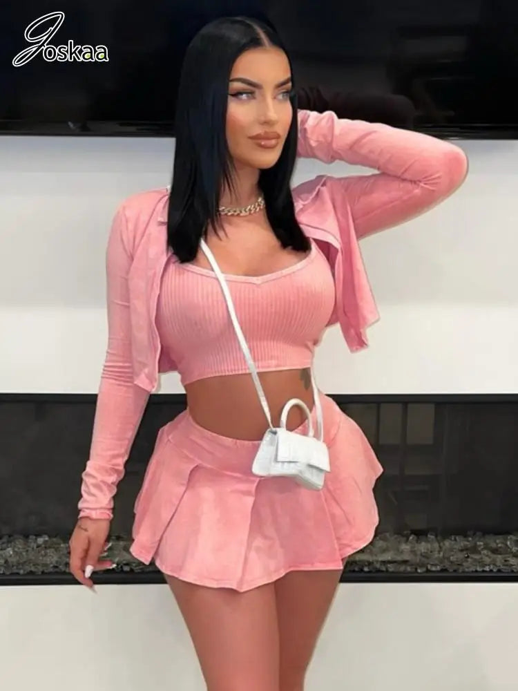 Women's Long Sleeve Mini Pleated Two Piece Set Pink – Front View