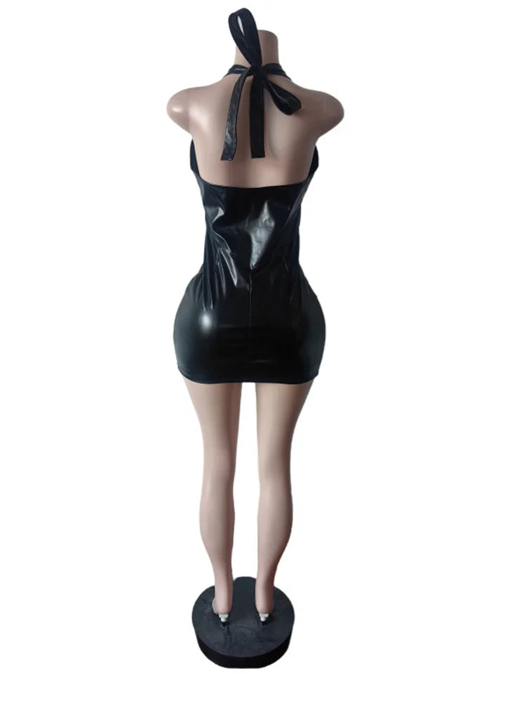 Joskaa Faux Leather Backless Halter Zip Up Mini Dress - mini dress image 4
