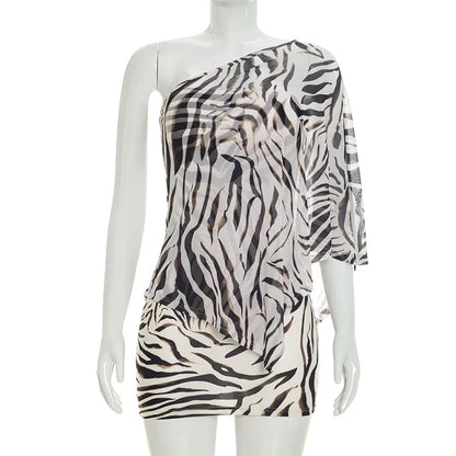 Women's Zebra Print Stripe Mesh Two Piece Set