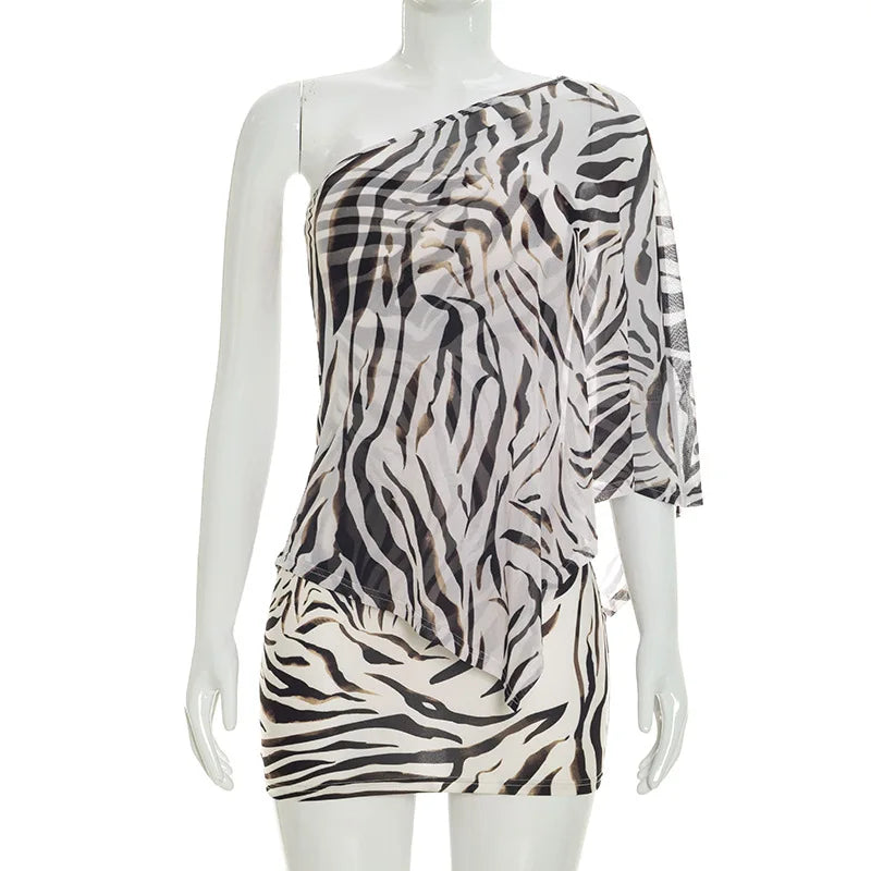 Women's Zebra Print Stripe Mesh Two Piece Set