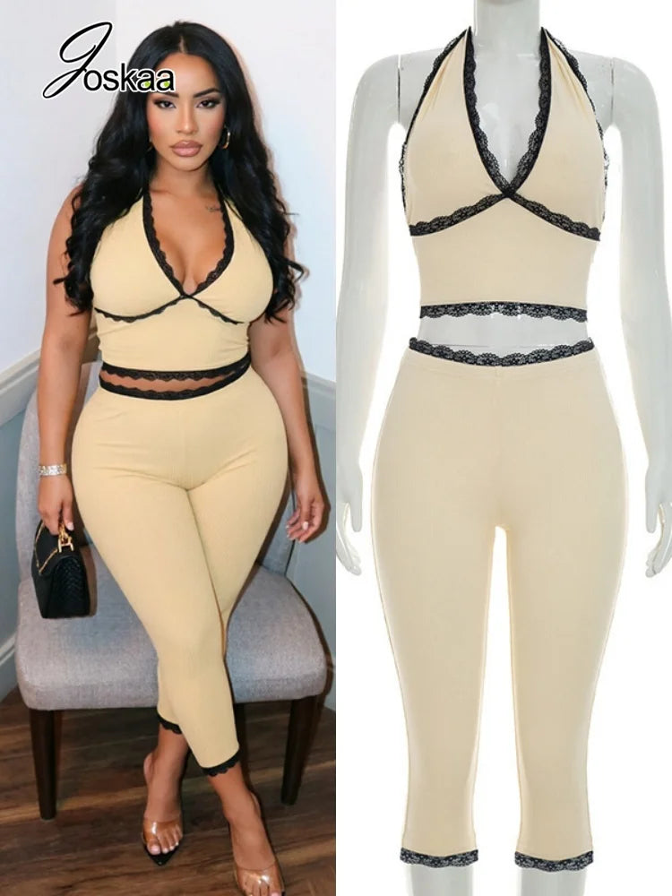 Women's Lace Ribbed Knit Halter High Waist Two Piece Set - Women's Fashion Wholesale - Front View