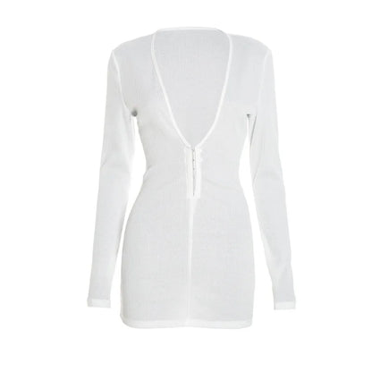 Women's Ribbed Knit V-neck Long Sleeve Bodycon Mini Dress - Additional View 7
