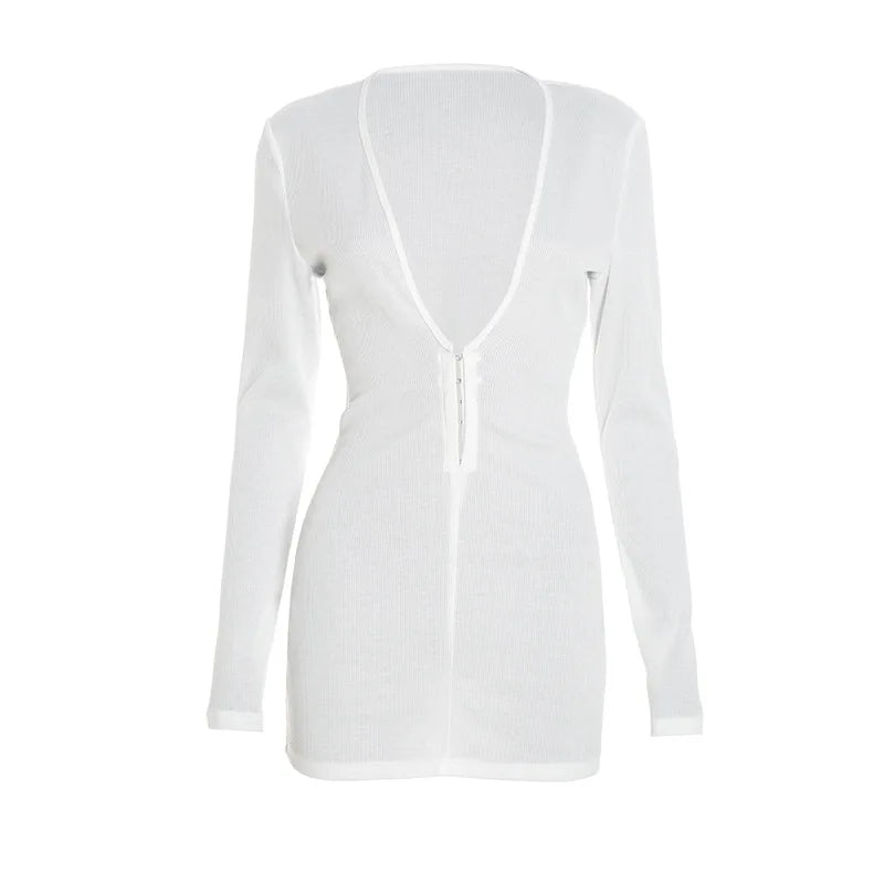 Women's Ribbed Knit V-neck Long Sleeve Bodycon Mini Dress - Additional View 7