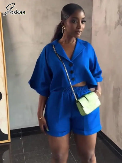 Wholesale Women's Short Sleeve Crop Two Piece Set Blue – Front View
