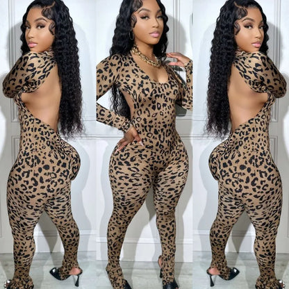 Women's Leopard Print Backless Long Sleeve Romper
