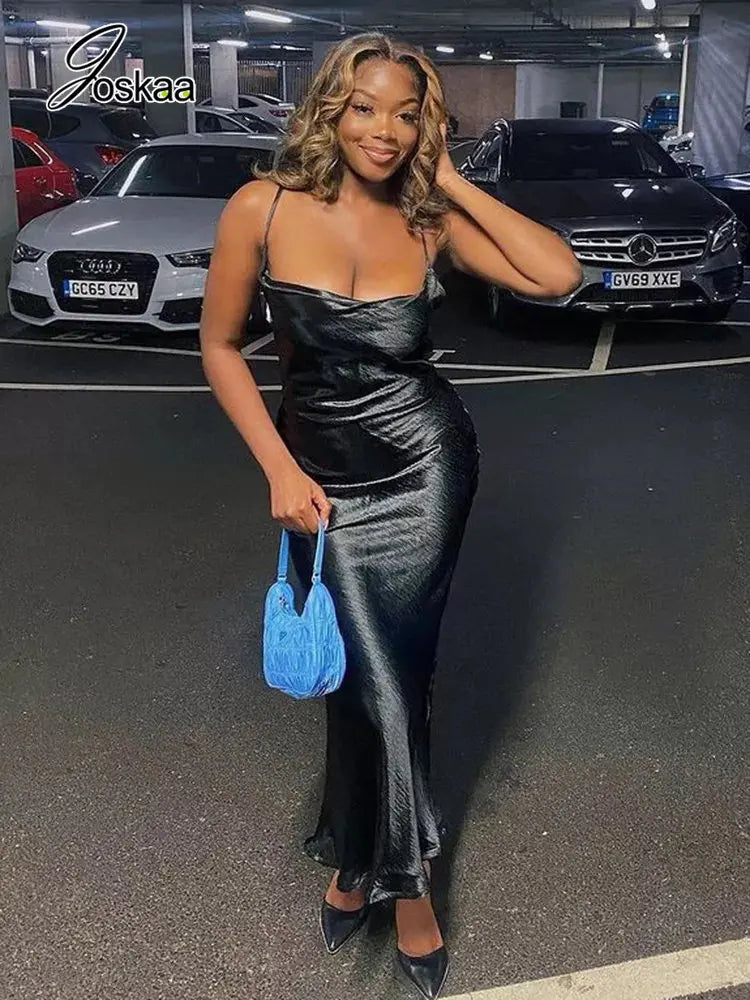 Women's Satin Backless Solid Spaghetti Strap Maxi Dress 200002984 – Back View