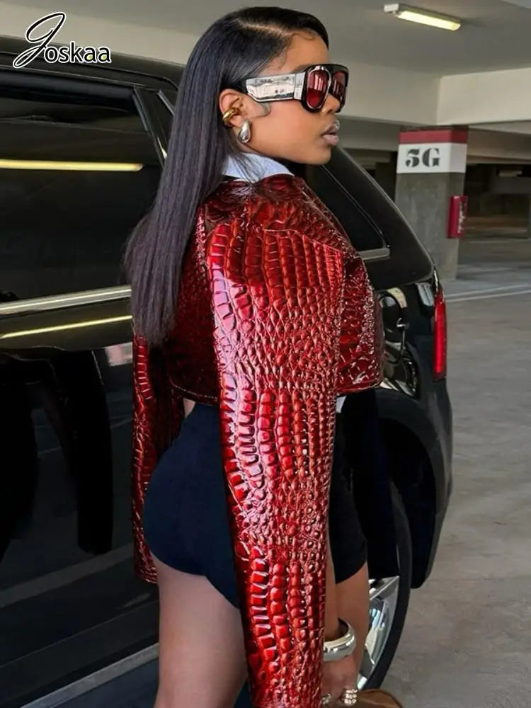 Women's Sequin Long Sleeve Crop Shiny Red Jackets Jacket Red – Side View