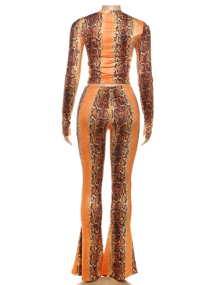 Women's Snake Print Long Sleeve Crop Two Piece Set Orange – Detail View