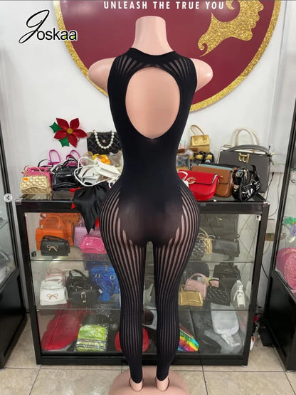 Women's Stripe Mesh Sleeveless Bodycon Romper Black – Side View