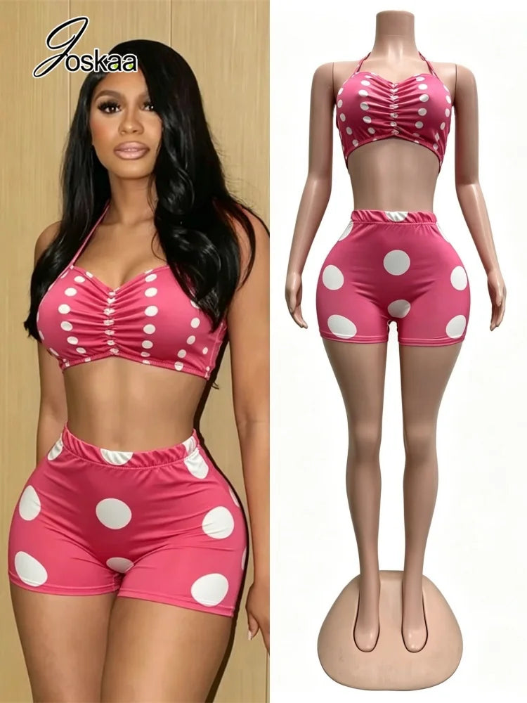 Women's Polka Dot Ruched Halter Two Piece Set – Women's Fashion Wholesale – Front View