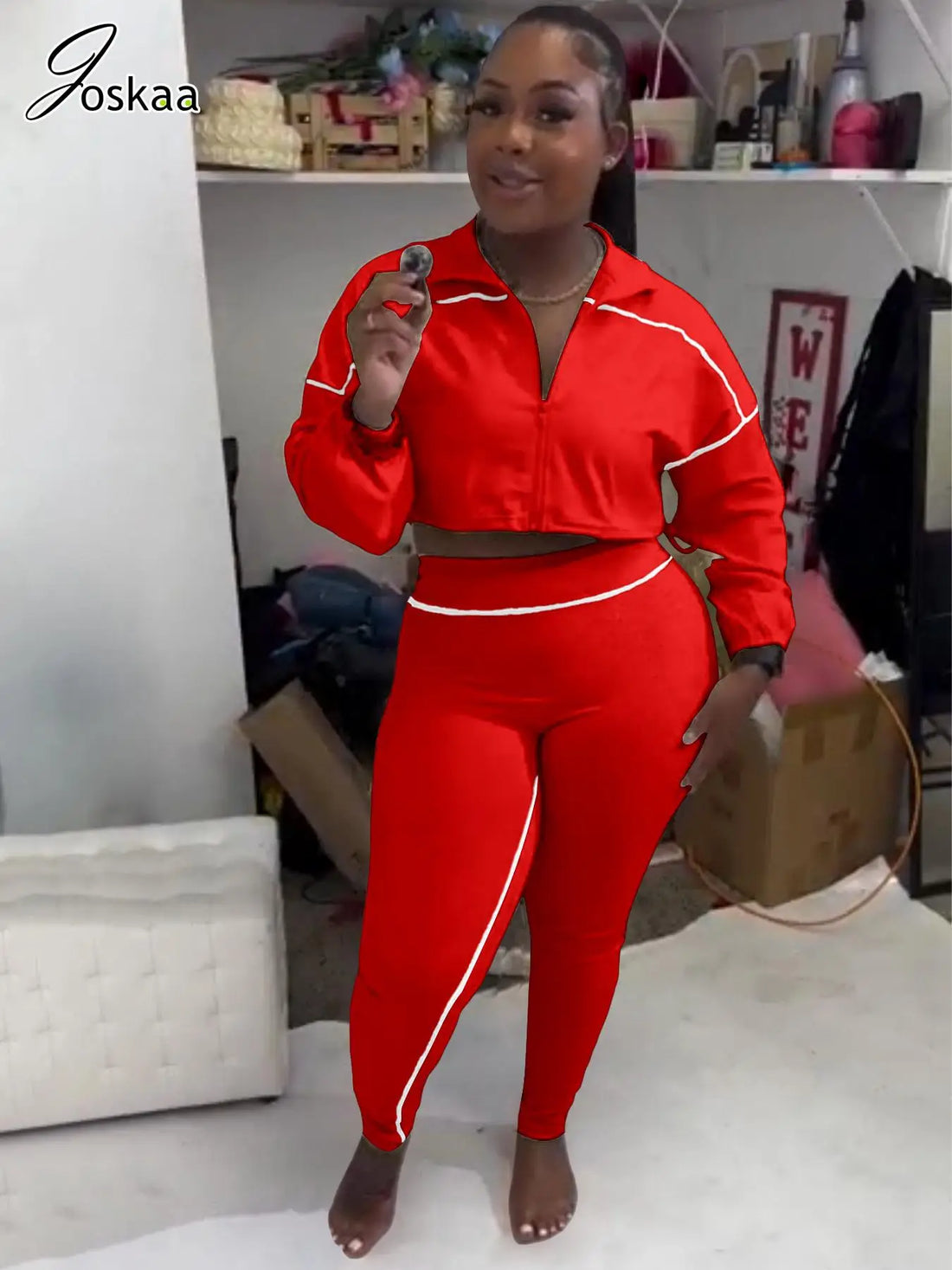 Women's Long Sleeve Bodycon Two Piece Set Red – Side View