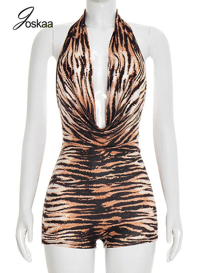 Women's Backless Halter Sleeveless Romper Brown – Back View