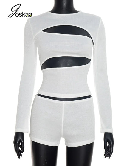 Women's Ribbed Knit Cutout Long Sleeve Bodycon Two Piece Set - Back View