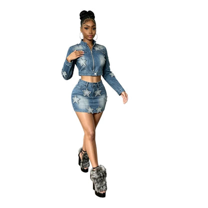 Women's Denim Print Zip Up Long Sleeve High Waist Two Piece Set - Additional View 9