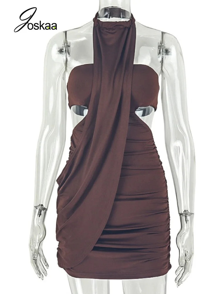 Women's Ruched Backless Cutout Halter Mini Dress - Back View