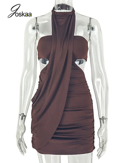 Women's Ruched Backless Cutout Halter Mini Dress - Back View