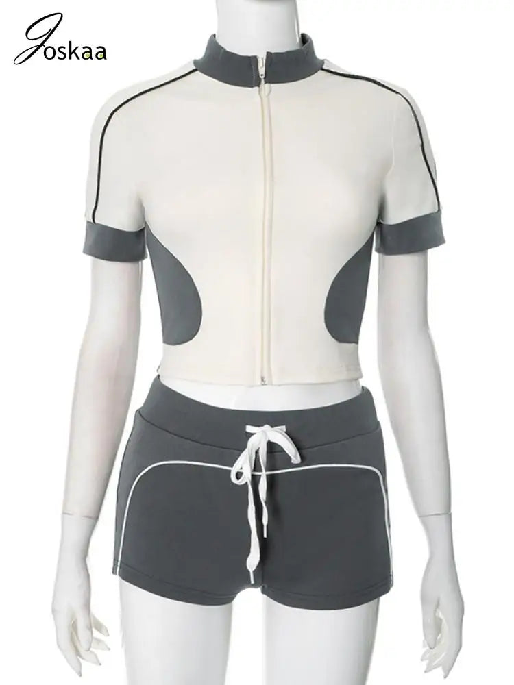 Women's Short Sleeve Crop Zip Two Piece Set Apricot – Back View